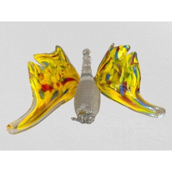 Handcrafted Glass Butterfly Figurine With Vibrant Yellow Multicolor Wings - Picture 2 of 5